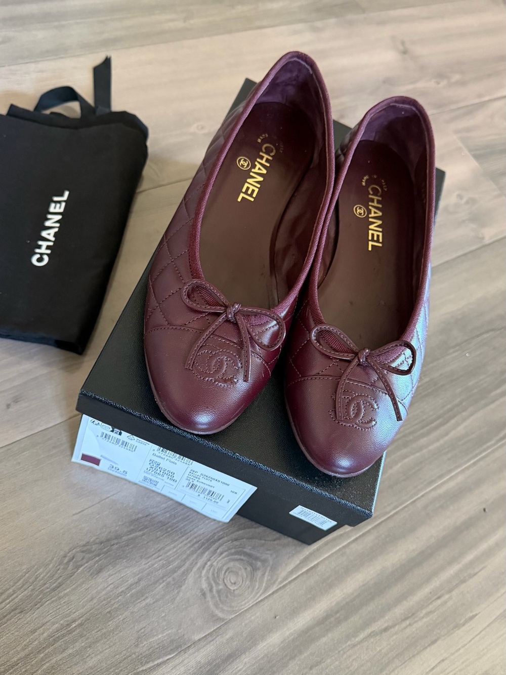 CHANEL Burgundy Quilted Leather Ballerina Flats with Bow